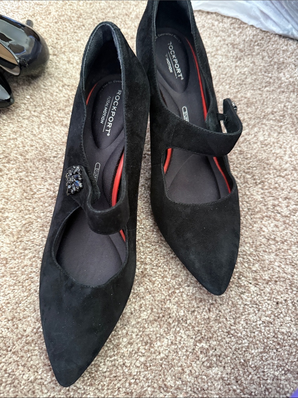 Rockport Black Suede Pointed Mary Jane Heels with Jewel Accent